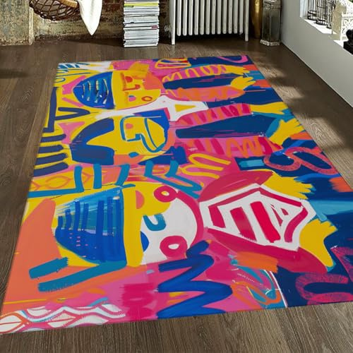WEECHAINGE Banksy waschbare Teppiche Wohnzimmer 100x150cm große Bunte Schlafzimmerteppich rutschfeste abstrakte Gesichter Pop Art Graffiti Druck Bereich leichte dünne für Schlafzimmer Esszimmer Büro