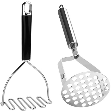 wonkeken 2PCS Potato Masher Gadgets Durable Mash Potatoes Stainless Steel Mashers Utensils Tools Silver for Cooking and Kitchen for Vegetable Fruits Baby Food Guacamole