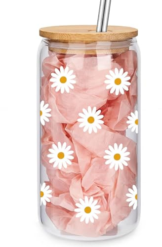 Cute Drinking Cups with Lid and Straw, Daisy Iced Coffee Smoothie Matcha Mug, Christmas or Birthday Gift for Women, Sister, Girlfriend, Teen Girls