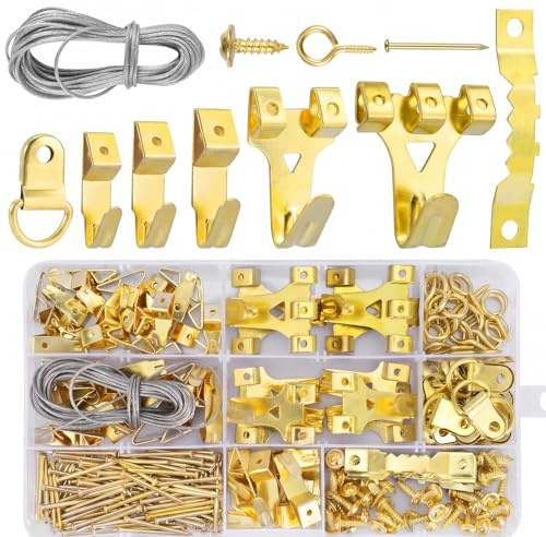 250 Pezzi Ganci per Quadri Muro Set, per Cornici, Decorazioni,Tele,Dorato | Ganci Seghettati per Quadri, Ganci Cornici Quadri Metallo con Viti,Chiodi,Filo D'acciaio,Gancio ad Anello a Forma di D