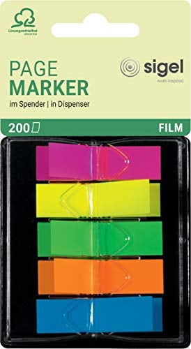 SIGEL HN489 Haftmarker im Spender, 200 Mini-Streifen im Format 12 x 45 mm, 5 Neon-Farben