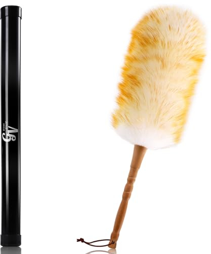 Plumeau vert vif en laine d'agneau avec poignée en bois massif, sangle de suspension en cuir, 48 cm de long, plumeau naturel pour le nettoyage des ventilateurs de plafond, stores de fenêtre, écrans