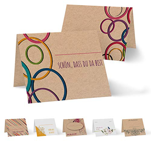 Partycards 50 Tischkarten/Platzkarten DIN A7 für Hochzeit, Geburtstag, Kommunion, Taufe (DIN A7, Kraftpapier Bunte Kreise)
