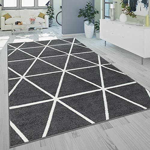 Paco Home Teppich Wohnzimmer Kurzflor Skandinavischer Stil Rauten Muster Modern Grau Anthrazit, Grösse:160x220 cm
