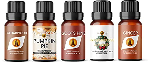 Autumn Essential Oil Set | Ginger, Frankincense & Myrrh, Pumpkin Pie, Cedarwood & Scots Pine 5 x 10ml | for Diffusers for Home, Aromatherapy, Gift for Him/Her, Candle Making, Soaps, Wax Melts etc