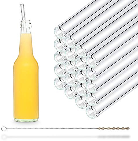 Halm Glasstrohhalme - 20 Stück gerade 27 cm lang original für Kukki Cocktail Flasche + plastikfreie Reinigungsbürste Spülmaschinenfest Nachhaltig - Glastrinkhalme Glasstrohalme Flaschen Wasserflasche