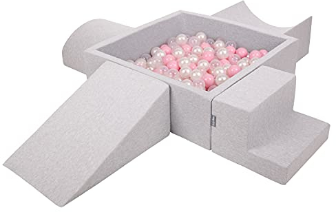 KiddyMoon Spielplatz Aus Schaumstoff Mit Quadrat Bällebad (200 Bälle) Ballgruben Für Babys Spielbad Hindernisläufen, Hergestellt In Der EU, Hellgrau:Puderrosa/Perle/Transparent