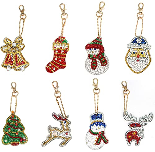 VEGCOO 8Pcs Christmas Diamond Painting Keychain, Full Drill Crystal Cute Keychain, DIY Art Craft Rhinestone keyrings Kits for Women Girls Purse/Key Pendant/Bag Decor (C)