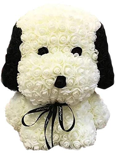 KDOQ Forever Rose Dog, 40CM Forever Roses Artificial Flowers Dolls Novel Fashion Rose Dog Toy for Anniversary Birthday Valentines Wedding Mom Doll Gift (Color : White)