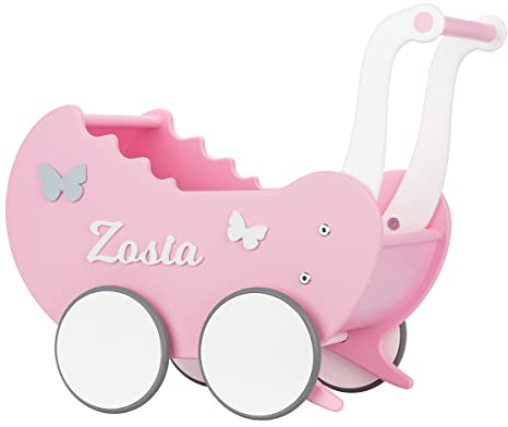 Puppenwagen ab 1 Jahr - Individuell mit Namen - Handgefertigter Puppenwagen - Holzpuppenwagen - Sicher Abgerundete Kanten - Ausdrucksstarke und Schöne Farben (Weiß-rosa)