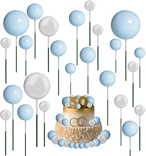 Unfuntly 66 Stück Cake Topper Hochzeit, Mini Cupcake Schaumball Topper, DIY Kuchen Topper für Hochzeits Geburtstags Party (Weiß Blau)