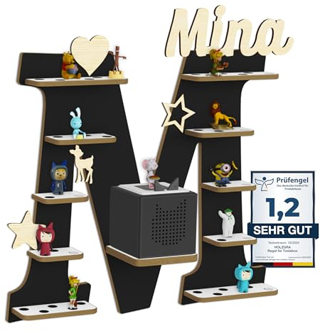 Holzura Tonie Regal für Toniebox, Toniebox Regal personalisiert mit Name und Holzsymbolen, Tonie Aufbewahrung (Buchstabe M)