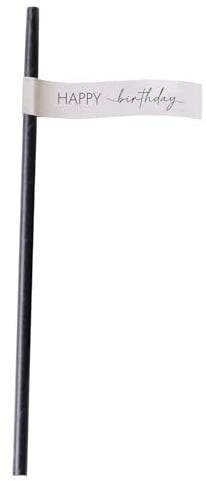 Ginger Ray Happy Birthday Black and Taupe Paper Party Straws Pack of 16