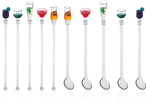 10 bâtonnets de mélange de cocktails, mélangeurs réutilisables, bâtonnets d'art transparents en forme de verre à vin, accessoires miniatures colorés pour cocktails, café, thé au lait (23cm)