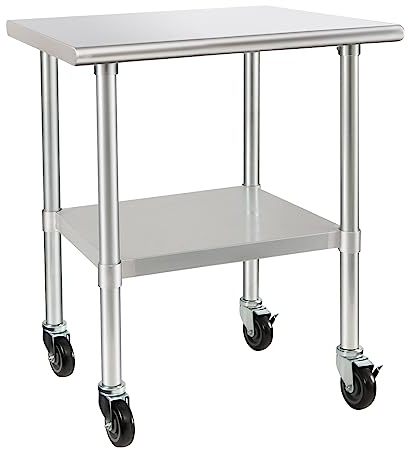 HARDURA Edelstahl Tisch mit Rädern 61×91cm Rollen Heavy Duty Commercial Food Vorbereitung Arbeitstische mit Unterregal und verzinkte Beine für Restaurant Küche Bar und Hotel Garage