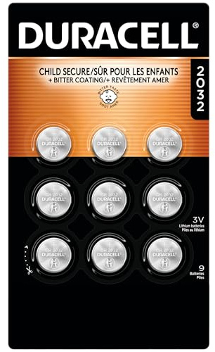 Duracell 2032 Lithium Battery, 9 Count (Pack of 1), Child Safety Features, Compatible with AirTag, Key Fob, Tea Light Candles and Other Devices, CR2032 Battery, 2032 Battery