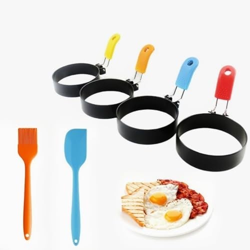 JSQJ Spiegeleiform für Bratpfanne Egg Ring Rund 4 Stück Ei Ring Eierringe Edelstahl Antihaft Pfannkuchenform mit Klappgriffen, mit Ölpinsel und Spateln in Silikon(4 Farbe)