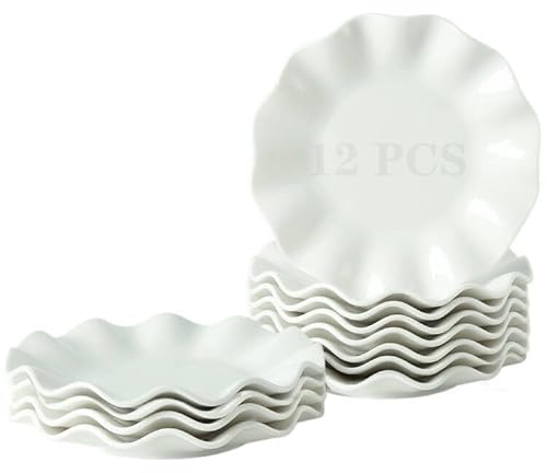 BABALIU 7 Inch Porcelain Small Dinner Plates, Set of 12, White Appetizer Wave Shaped Dessert Salad Serving Dishes for Cake, Snack, Ice Cream, Microwave, Oven, Dishwasher Safe (xB-7IN/TPD-BL/W/12)