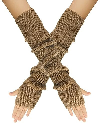 MoreChioce 1 Paar Frauen Lange Fingerlose Handschuhe, Winter Gestrickt Armstulpen Ellenbogenlange Handgelenk Pulswärmer Damen Halbfingerhandschuhe Fäustlinge Strickhandschuhe mit Daumenloch,Khika