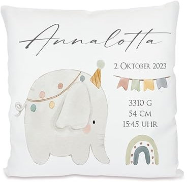 Manufaktur Liebevoll personalisiertes Kissen zur Geburt | Geschenk mit Namen für Mädchen und Jungen | Kissen mit Geburtsdaten für Neugeborene | Personalisiertes Geschenk zur Geburt (Motiv Elefant)