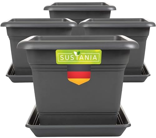 SUSTANIA Pflanzkübel Eckig 28x28 Anthrazit 4er Set - Robuster Blumentopf Groß, Übertopf Ideal für Tomatenpflanzen, Eckige Pflanztöpfe Kunststoff für Garten & Balkon