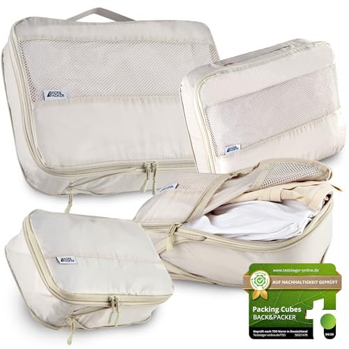 BACK&PACKER® Packing Cubes mit Kompression 4-teilig - Packtaschen Set aus recyceltem Material - Leichte Organizer für Rucksack & Koffer - inkl. Packwürfel für nasse Wäsche & Beutel (beige)