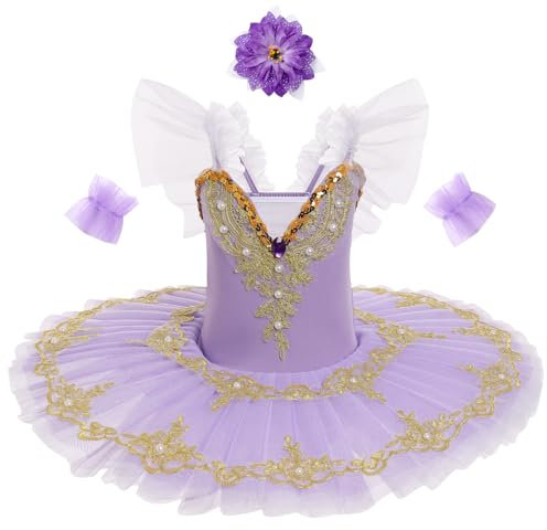IDOPIP Girls' Ballet Performance Dress Ballet Pancake Tutu Kids Little Swan Dance Costume Ruffle Sleeve Lace Embroidered Sequins with Hair Clip Purple 110