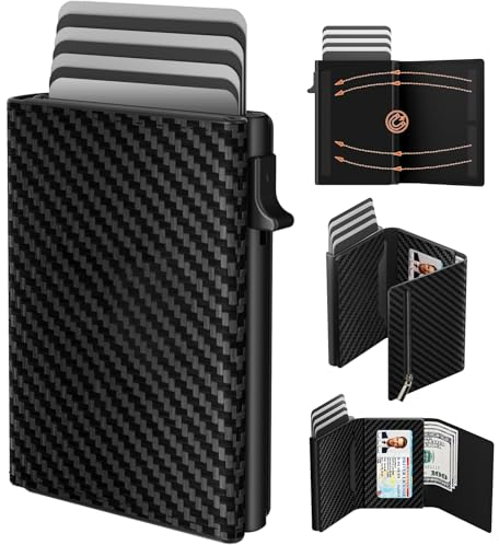 Portefeuille Homme, Porte Carte Bancaire avec Fermeture Magnétique et Poche à Monnaie, Portefeuilles et Porte Cartes Cuir Carbone Pop Up pour 14 Cartes, Fenêtre D'identité, Emplacement pour Espèces