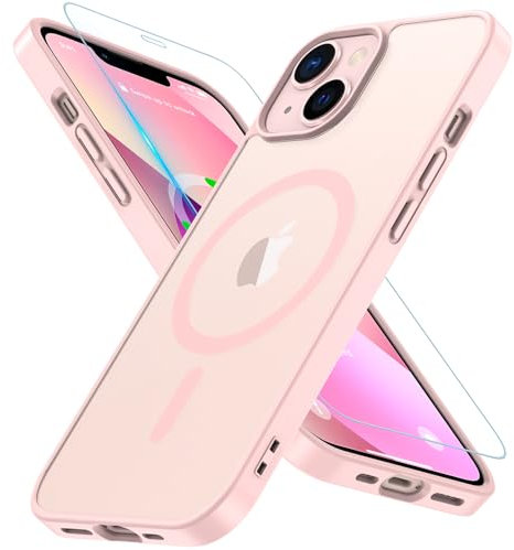 Hensinple Magnetica Cover per iPhone 13 / Cover iPhone 14 con Vetro Temperato [Compatibile con MagSafe],Custodia Traslucida Opaca Protezione Antiurto Resistente ai graffi Sottile Case - Rosa