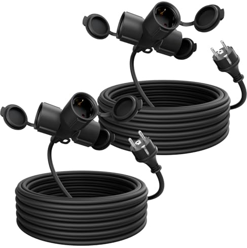 greate 3fach Verlängerungskabel außen 10 Meter wasserdicht IP44 3500W | 2er Pack - 3 Fach Mehrfachsteckdose Verlängerung draußen Schuko 10m - Outdoor Extension Cord Waterproof für Aussenbereich