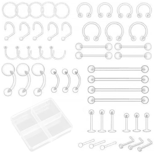AWAVM 48 Stück Klare Piercing Retainer aus Kunststoff für Nase Zunge Brustwarze Nippel Bauch Lippen Labret Septum Hoops Ohr Knorpel, Plastik Piercing Platzhalter Schmuck für OP