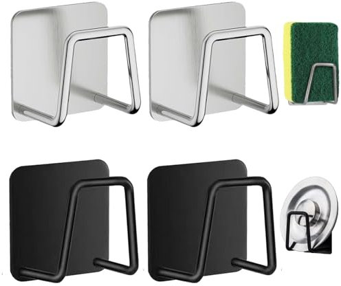 Gudemoore 4 PCS Range Eponge Evier en Acier Inoxydable, Porte Eponge Evier Cuisine, Porte Éponge Cuisine Auto Adhesif, Rangement de la Cuisine et la Salle de Bain, Argenté et Noir