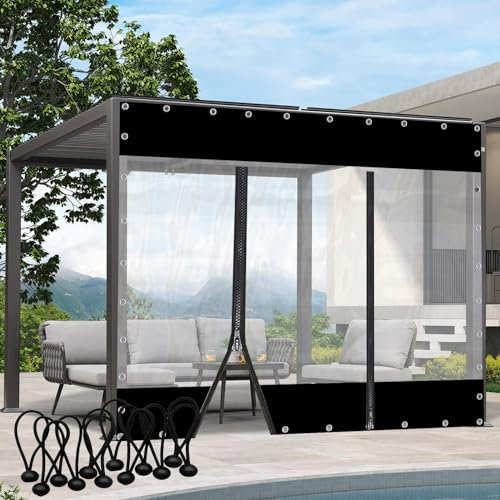 Rideaux transparents robustes et imperméables avec fermeture éclair pour extérieur, panneau en PVC pour pergola, porche, tonnelle, noir, 5 x 2,5 m