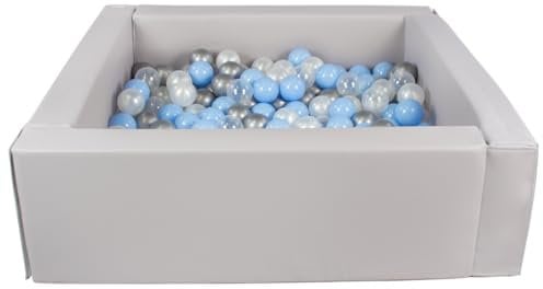 Velinda Piscine à balles carrée avec 300 balles, Cuir écologique, 5 éléments (Couleur de la Piscine/de balles: Gris/Perle, Transparent, Bleu Clair, Argent)