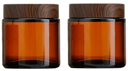 2 Pcs 100ml 3.4oz Amber Glass Jars with Inner Liners and Plastic Wood Grain Lids Cosmetic Containers for Lotion Cream Body Butter DIY Skincare Travel Storage Refillable Jars