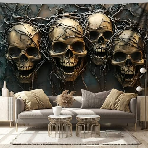 Arsey Gothic Wandteppich Totenkopf Design Schädel mit Ranken Wandteppiche wandtuch für Halloween und Goth Stil deko wandtücher, schwarz, groß 230 x 180cm