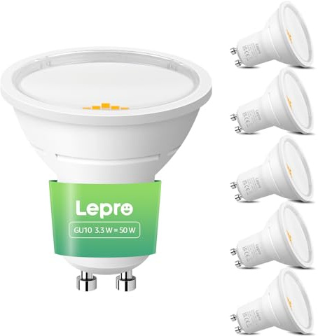 Lepro GU10 LED Bulbs A Rated, Warm White 2700K, 590LM,3.3W (50W Equivalent) | 100° Wide Beam Angle, 50000H Long Life, Energy Saving LED Spotlight Bulb for Ceiling, Recessed Lights, Non-Dimmable,Pack of 5