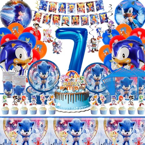 Pappteller Kindergeburtstag 7 Jahre, 106 Stück Partygeschirr Geburtstagsdeko Cartoon Birthday Banner Luftballon Party Geschirrset Pappteller Becher Servietten Tischdecke Kuchen Deko Kinder