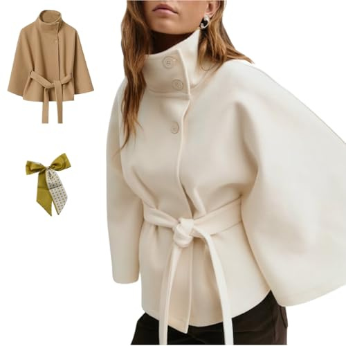 Womens Batwing Sleeve Poncho Peacoat,Oversized Wool Blend Poncho Cape with Belt,Elegant Stand Collar Winter Cropped Overcoat