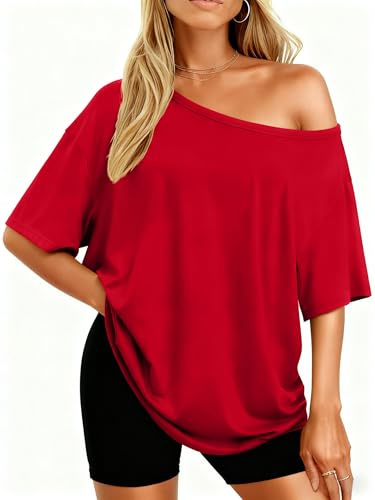 LACOZY Off The Shoulder Tops for Women Summer Oversized Sexy Short Sleeve T Shirts Casual Loose Batwing Tunic Top