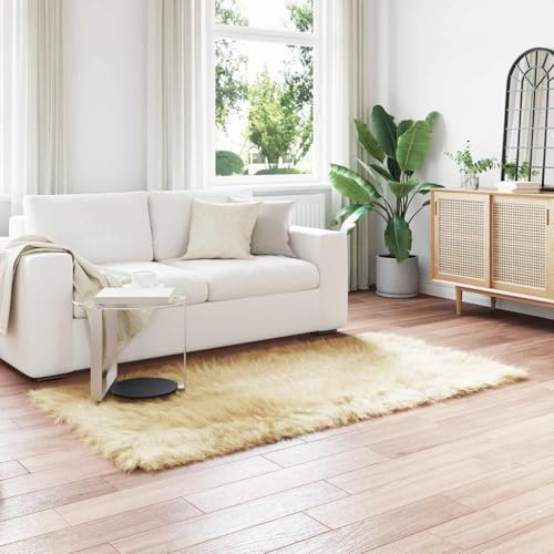 Tonture Kunstschaffell Teppich Tafalla Creme 80x200 cm, Flauschiger Polyester Bodenbelag, Wohnzimmer Schlafzimmer Dekor, extra weicher Flokati für gemütliche Atmosphäre