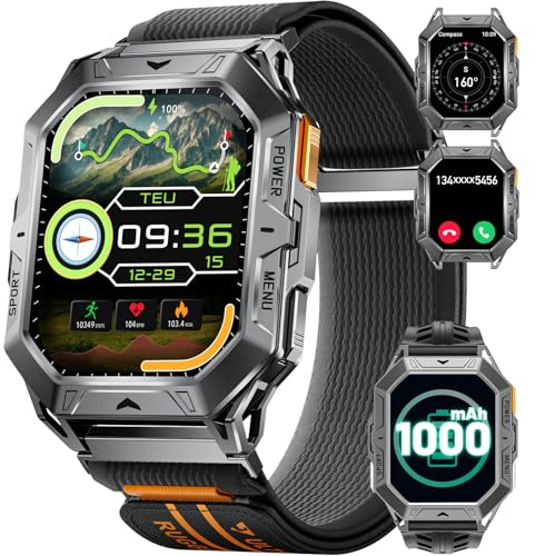 1000mAh Akku Smartwatch Herren Militär Sportuhr, Barometerdruck/Höhenmesser/Kompass, 2.13AMOLED Smartwatch mit Telefonfunktion, 100+ Sportmodi, Herzfrequenz/Schlafmonitor, Fitnessuhr für Android iOS