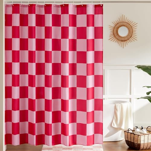 YEGRFJIS Niedlicher, Retro-rosa-roter, Karierter Duschvorhang, kreative Badezimmerdekoration mit Haken, schnelltrocknender, waschbarer und wasserdichter Stoff (180x200 cm/B x H)