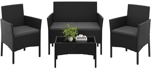 Yaheetech Rattan Gartenmöbel-Set, 4-teilig, Outdoor Lounge Möbel | Tisch, 2 Stühle, 2-Sitzer-Bank, mit Outdoor Kissen wetterfest, Terrassenmöbel, für Terrasse (Schwarz (Rattan) & Grau (Kissen)
