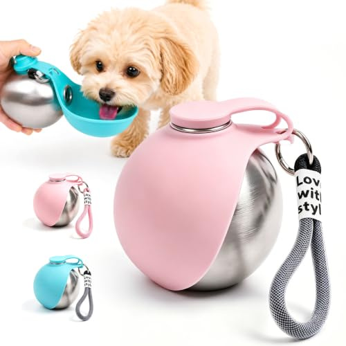 Botella de Agua para Perros 2 en 1 Portátil, 285ml, Bebedero de Acero Inoxidable Antifugas con Cuenco Plegable de Silicona, para Paseos, Senderismo y Excursiones – Ligero y Duradero (Rosa)