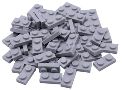 Lego City Classic Basic Platte 1x2 Noppen in Hellgrau - 100 Stück - Perfekt für kreative Bauprojekte und Erweiterungen