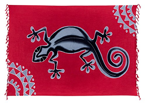 Kascha Sarong Pareo Wickelrock Strandtuch Tuch Wickeltuch Handtuch - Blickdicht - ca. 170cm x 110cm - Rot Grau mit Gecko Motiv Handgefertigt inkl. Kokos Schnalle in Rauteform