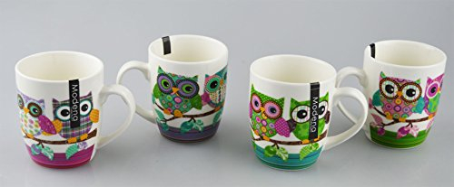 New Bone China Mugs Set of 4 Owl Design Tea Coffee Home Kitchen Office Cups