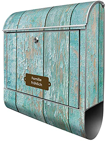 banjado® Design Briefkasten personalisiert Blaue Planken 38,5x46,5x13cm & 2 Schlüssel - Briefkasten Stahl Silber Zeitungsfach pulverbeschichtet - Postkasten A4 Einwurf inkl. Montagematerial