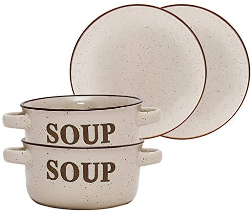 Set of 2 Stoneware Ceramic Soup Bowls Dishes with Handles and Bread Plates Set